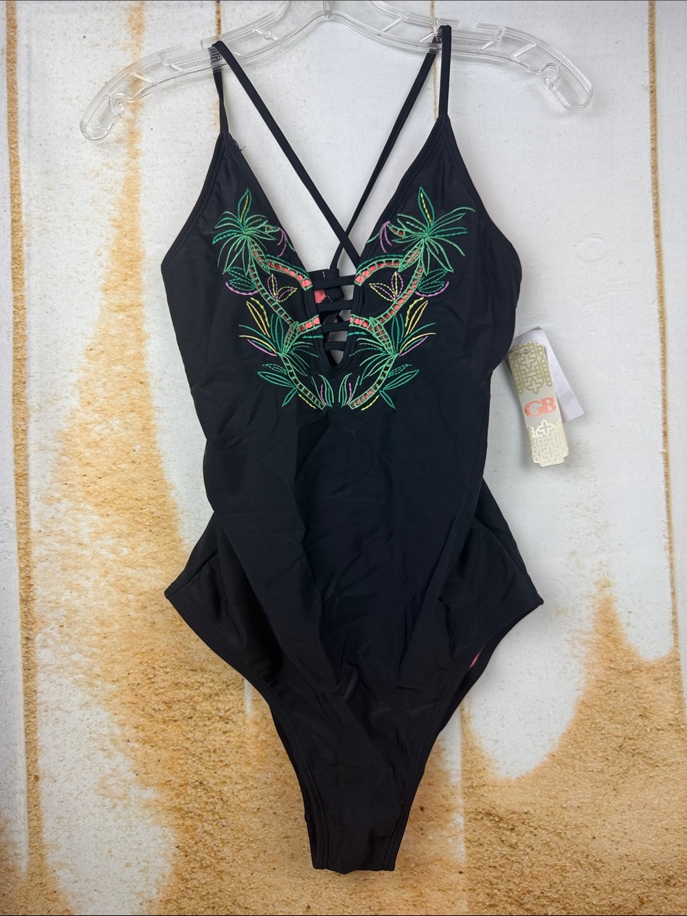 GB Women’s Black One-Piece Swimsuit with Tropical palm Embroidery